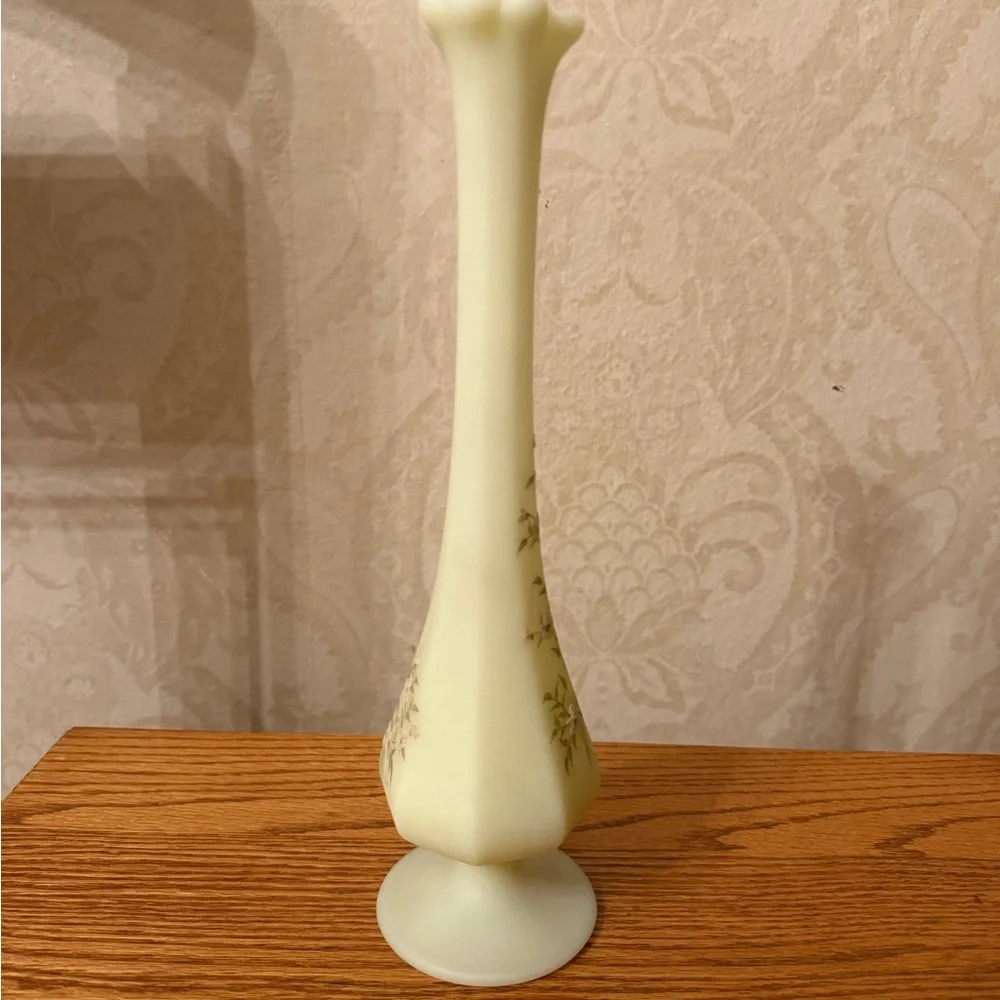 Vintage Fenton custard uranium pink flowers vase 11.5” Hand painted signed